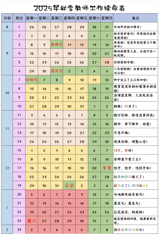 🔥2025下学期秋季教师工作日历（续命表）