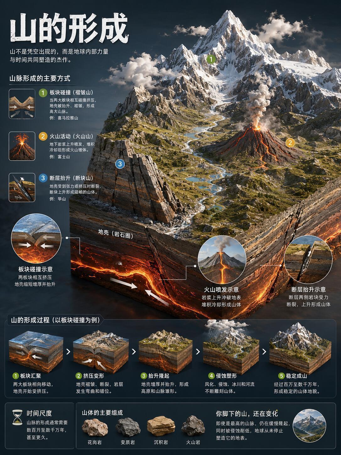 🔥7 张图，看懂一座山的 “一生” 与 “万物关联”
1️⃣ 山的形成：板块碰