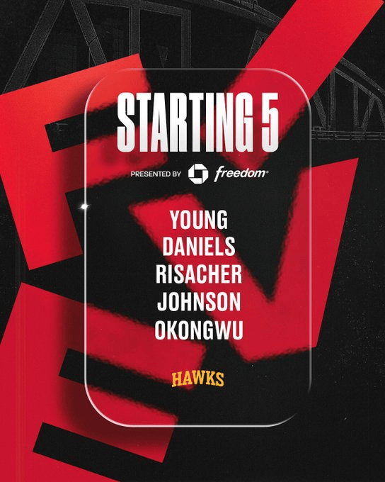 老鹰首发：奥孔古、约翰逊、特雷-杨、里萨谢、丹尼尔斯