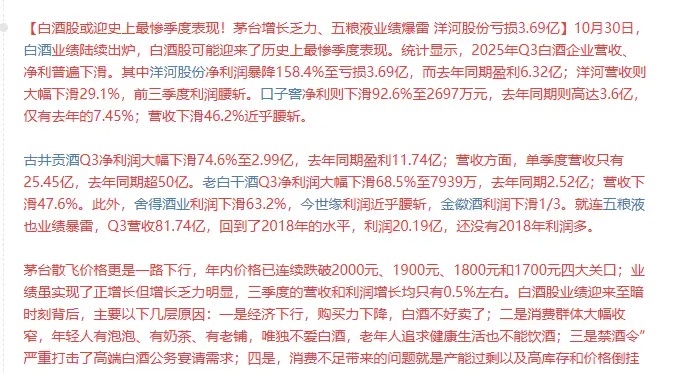白酒股迎史上最惨季度表现！茅台增长乏力，五粮液业绩爆雷 ，洋河股份亏损3.69亿