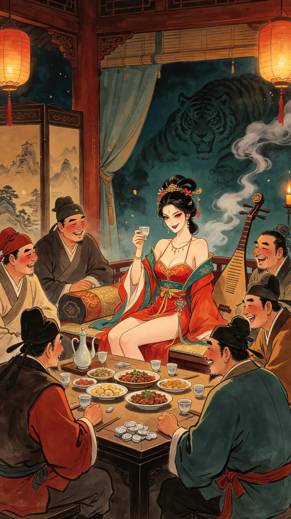 西门庆的姘头李桂姐虽然不识字，但是嘴巴也是利害。
西门庆的兄弟谢希大讲故事讽刺李