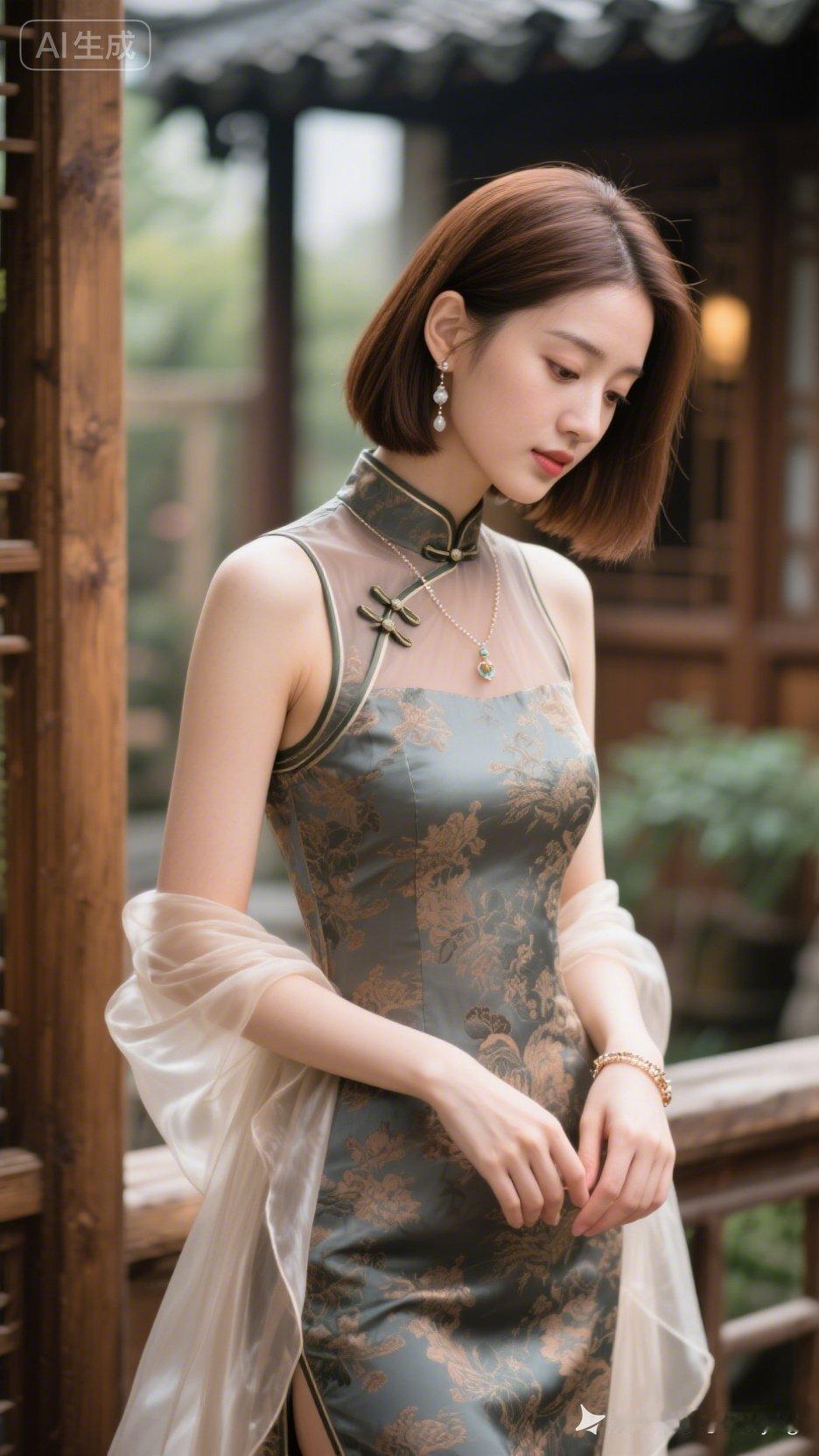 这位女士穿着旗袍，站在木廊下。