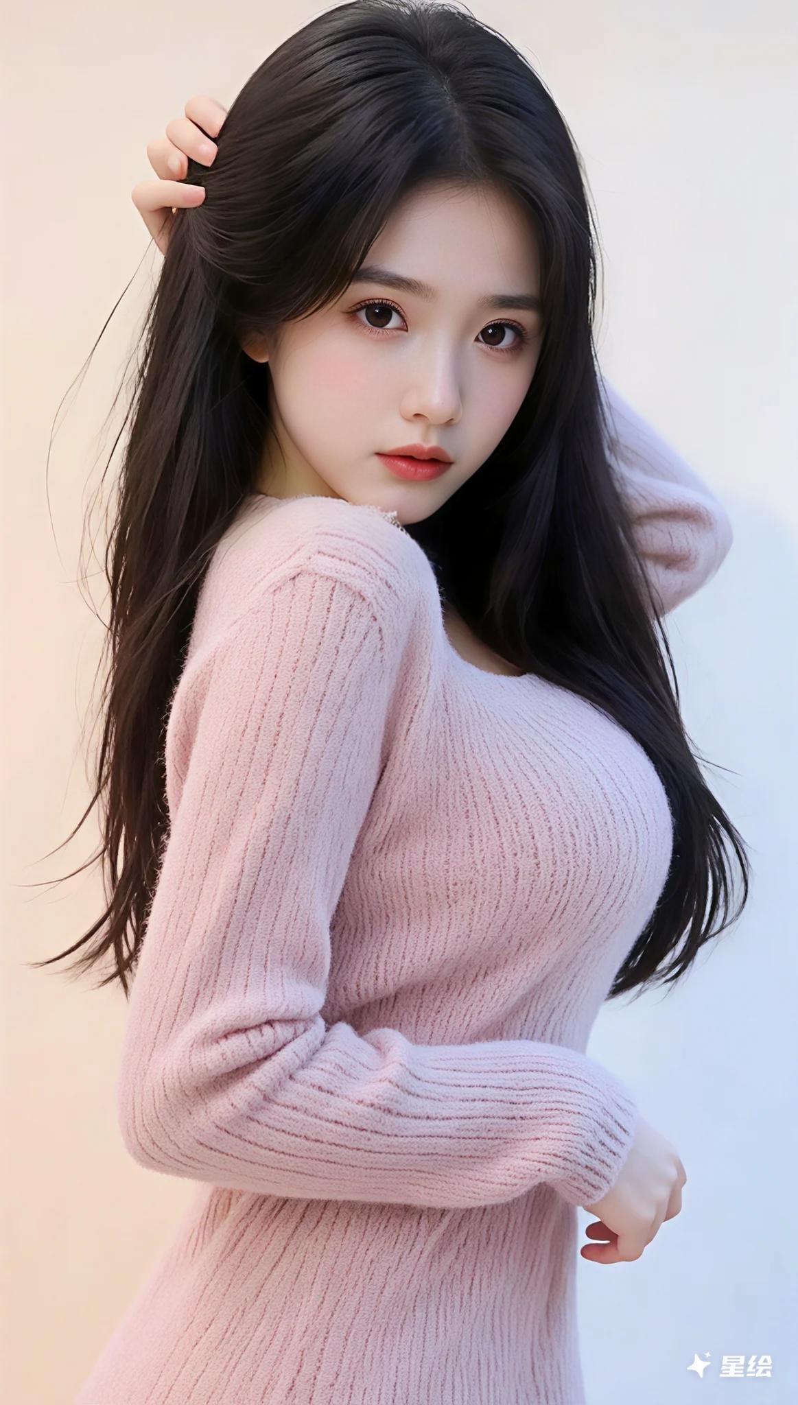 温柔粉毛衣，甜美少女心，拍照姿势超赞！