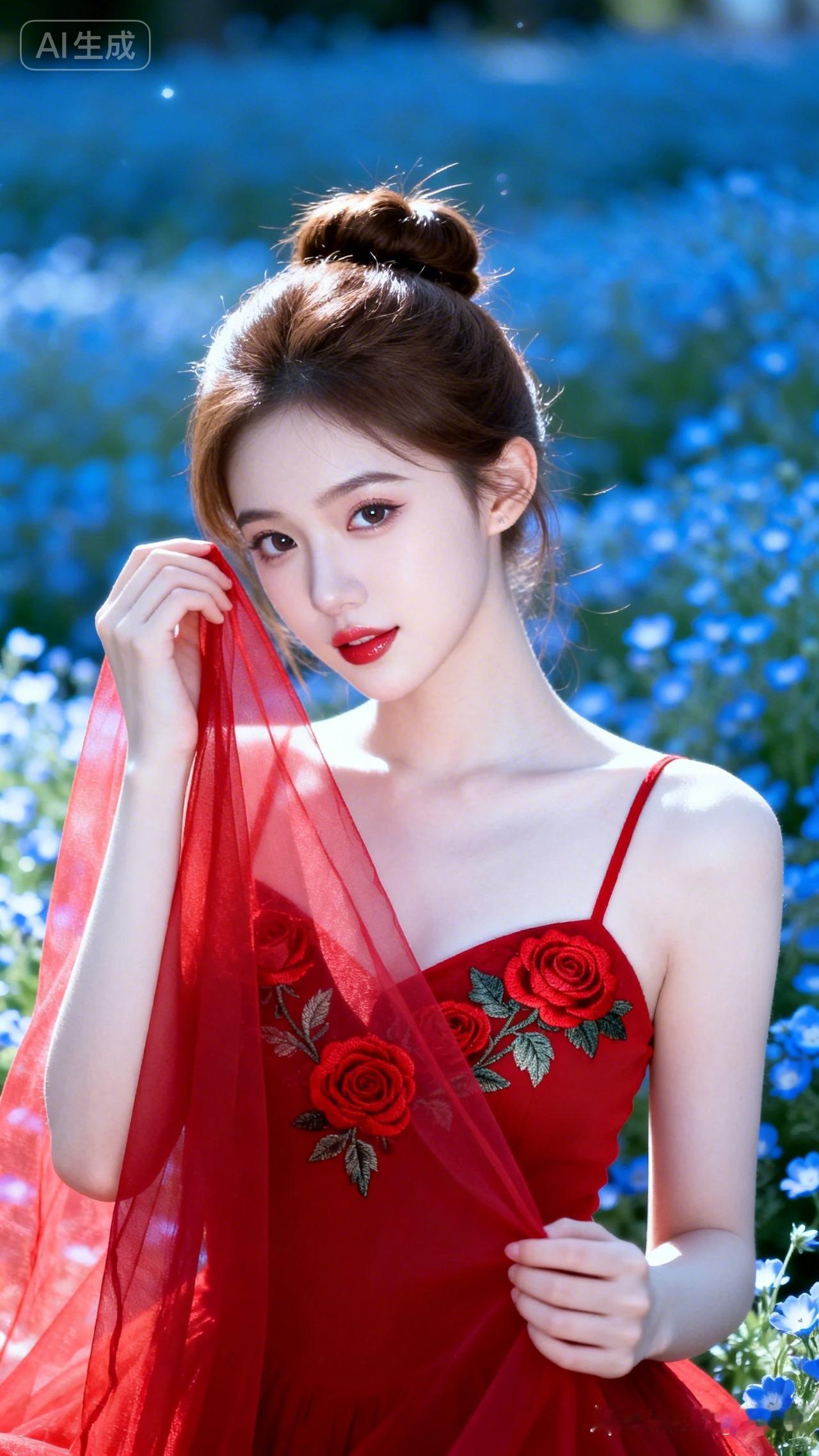 俏女棕色简约盘发。身材娇小，冷白陶瓷般细腻肌肤，精致妆容。上半身特写，红吊带配红