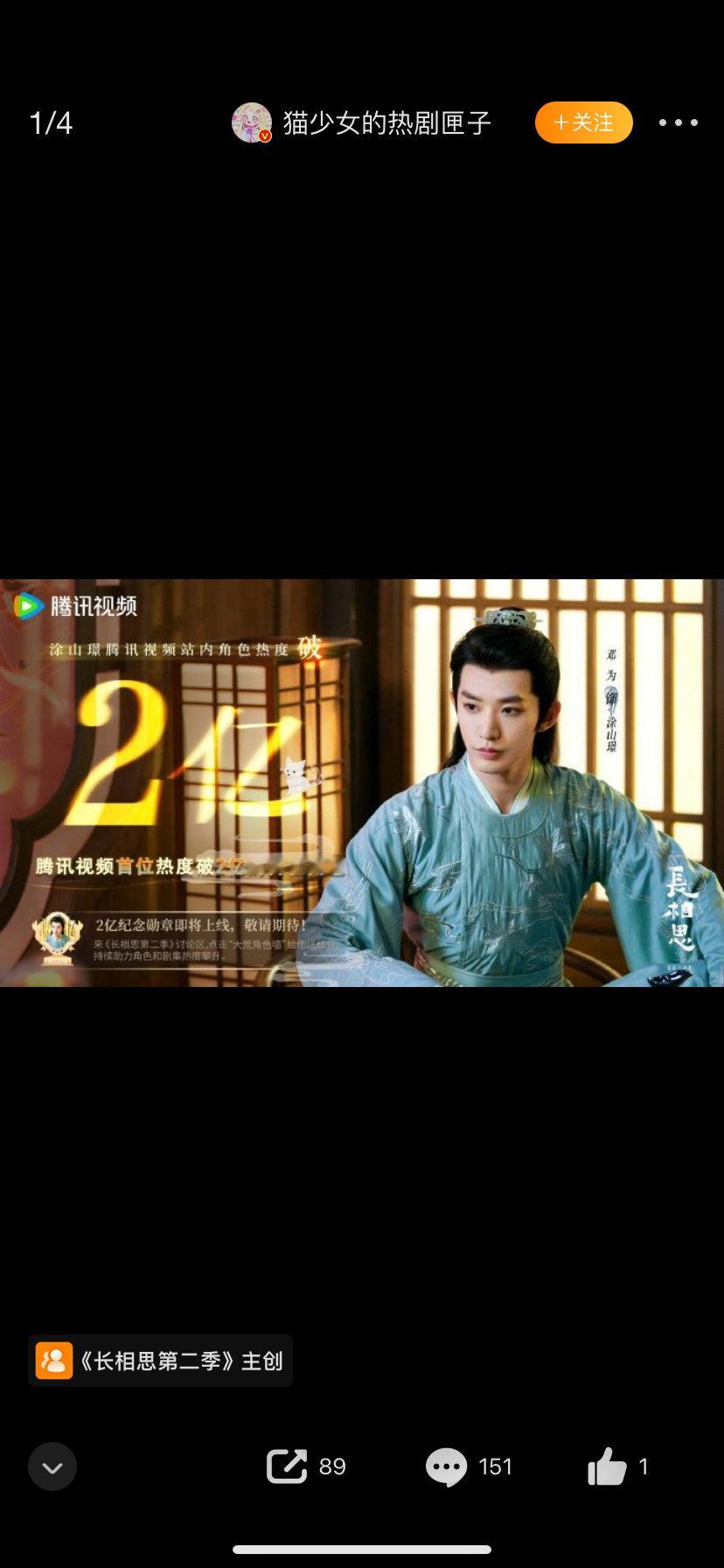 电视剧《长相思》中，涂山璟（邓为饰）的角色热度破2亿，成为腾讯视频首位热度破2亿