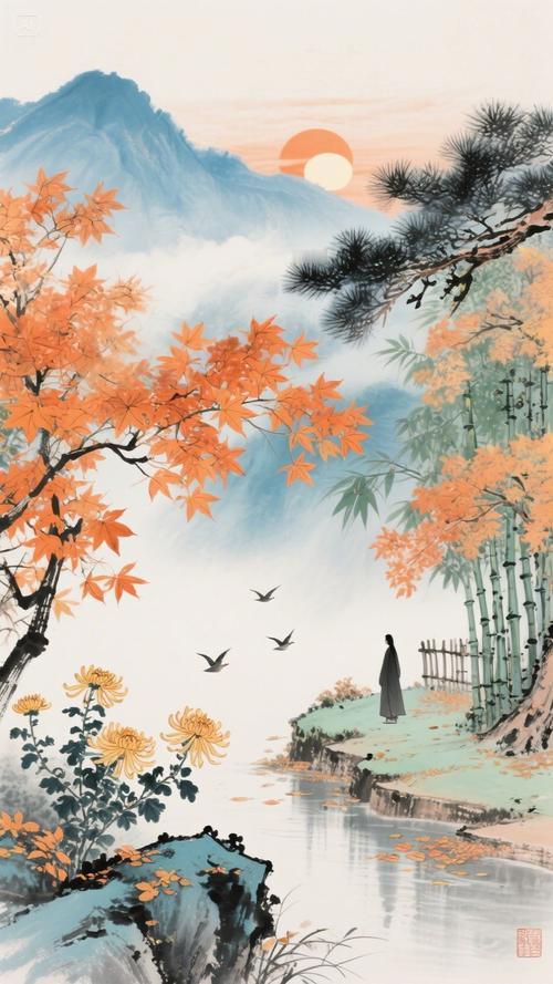 上联：秋风无意惊花落
下联：黄叶有情围膝前