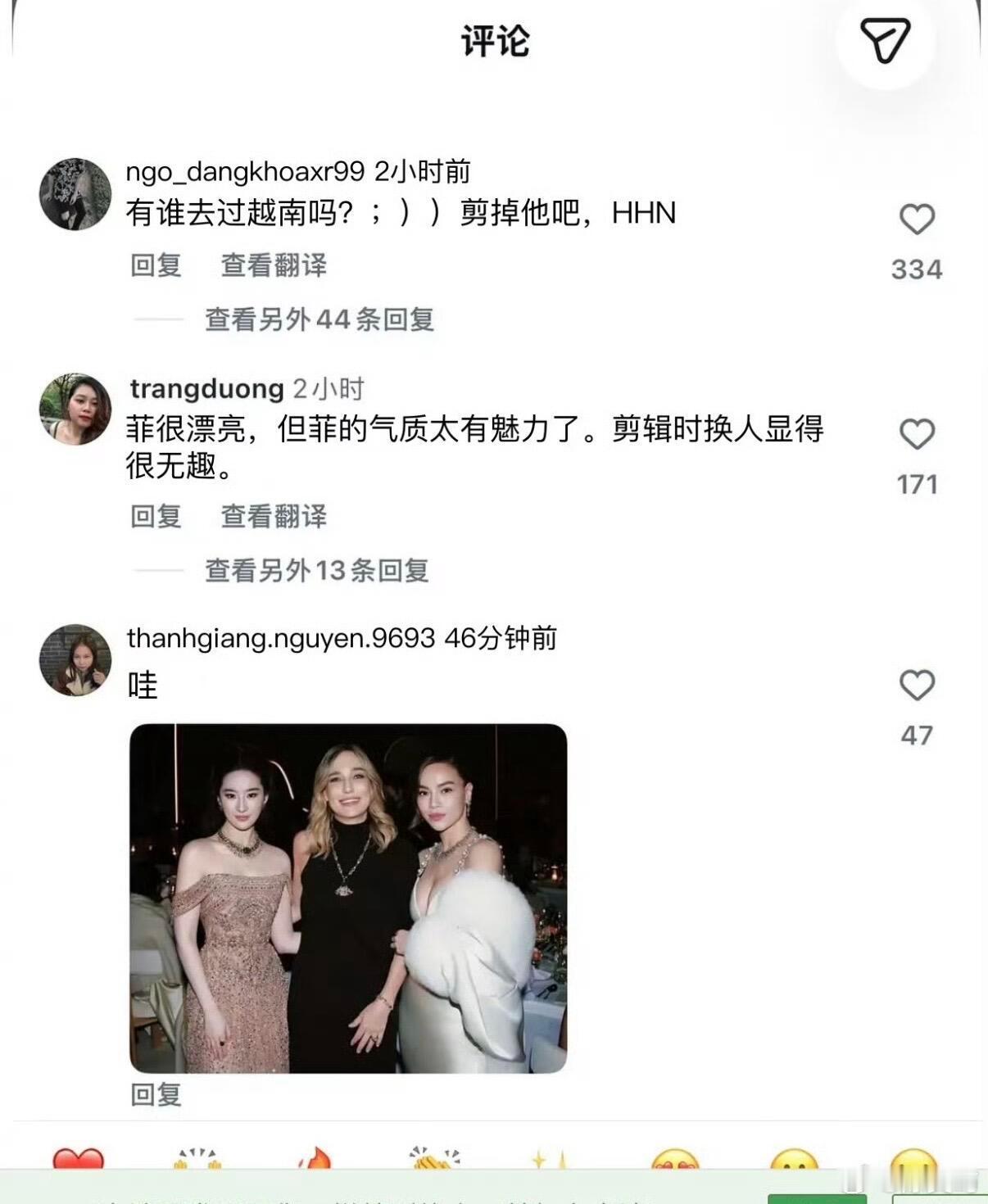 刘亦菲ins发合照把越南女星裁掉了我倒觉得这事没啥毛病明星发合照，本来就得跟对方