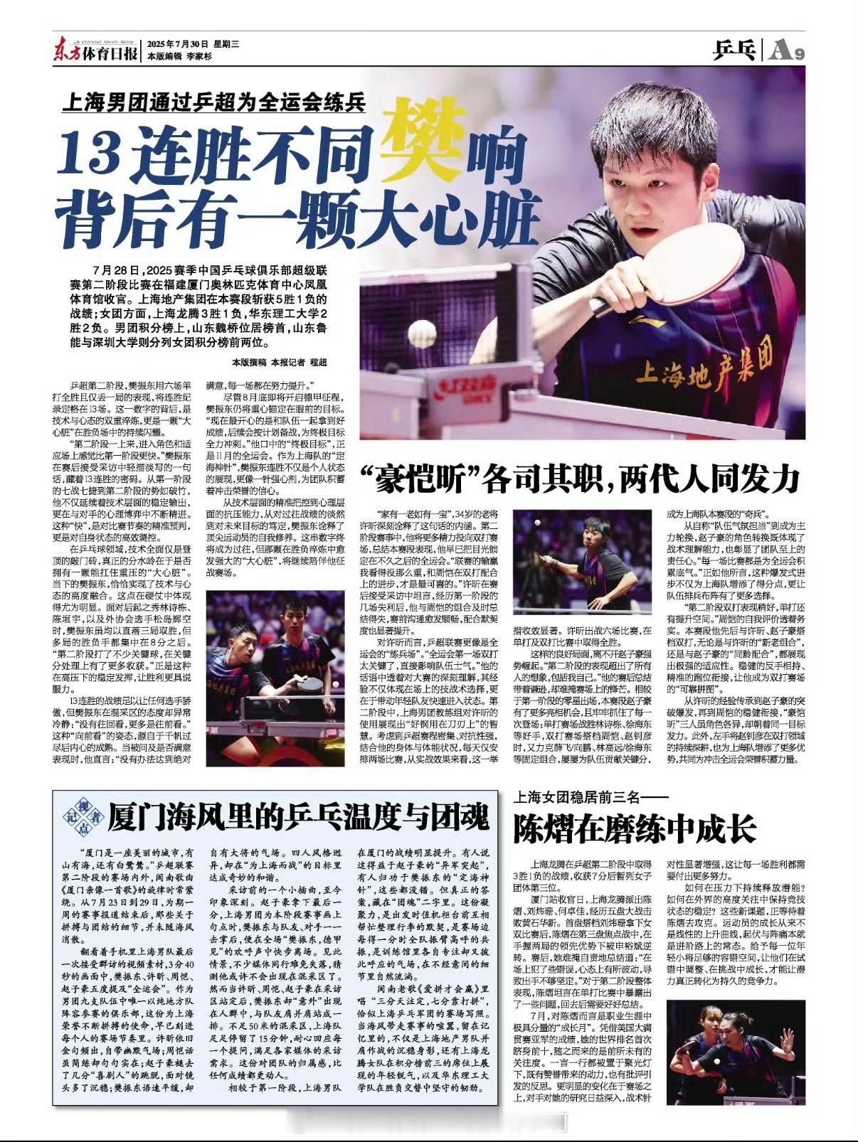 乒颜一[超话]  📰【20250730 东方体育日报】✍️上海男团通过乒超为全