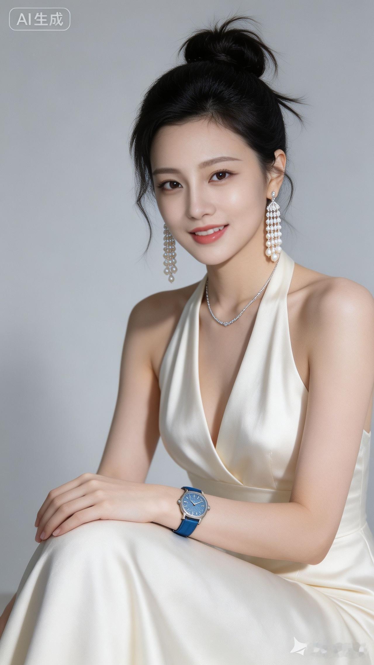 优雅气质，珍珠耳环与丝质礼服的完美搭配，尽显女性魅力。
