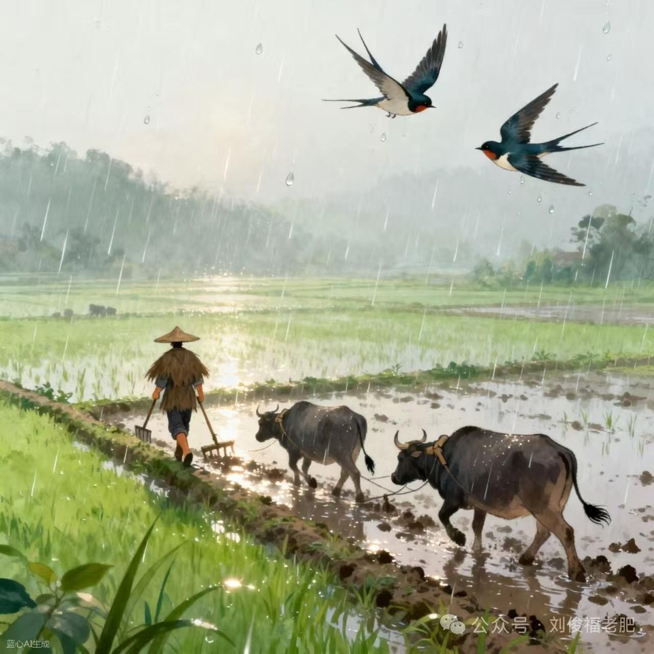 喜降春雨
春雨润物细无声，
贵似甘霖唤鹊鸣。
犁杖早催千顷绿，
耕牛遍踏一身春。