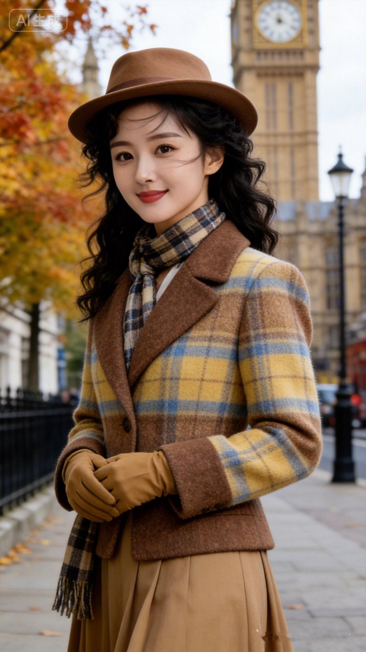 英伦风穿搭指南：复古格纹外套+棕色礼帽，秒变时尚都市女郎！