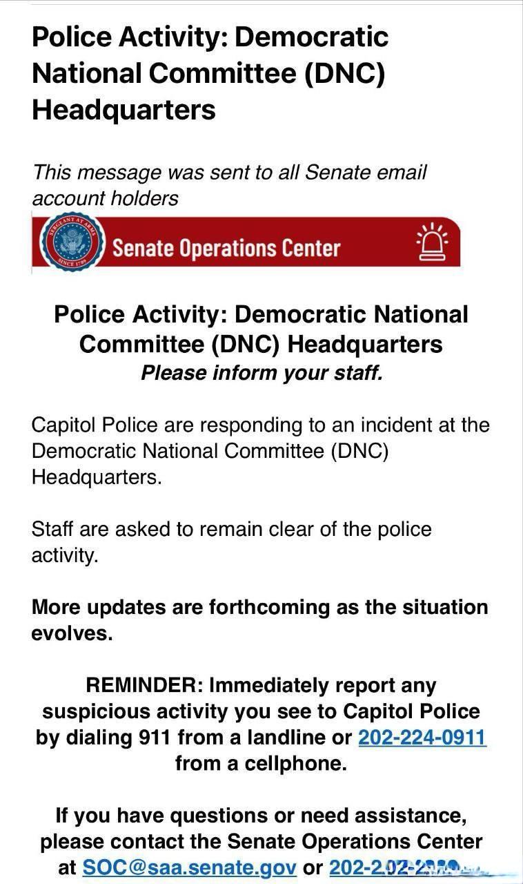 突发：美国华盛顿特区国会警察突然宣布在民主党全国委员会总部大楼发生突发事件，国会