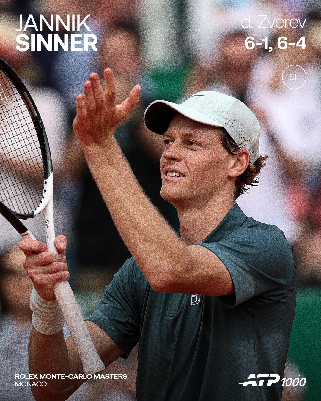 场地变换，连胜不变🔥ATP蒙特卡洛大师赛半决赛，从硬地对决换成红土交锋的辛纳v