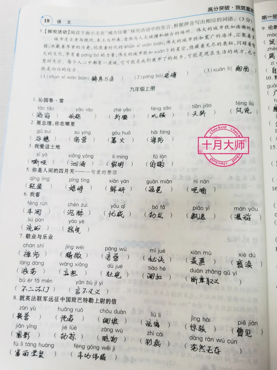 中考语文九年级上册基础知识词语专题必刷题