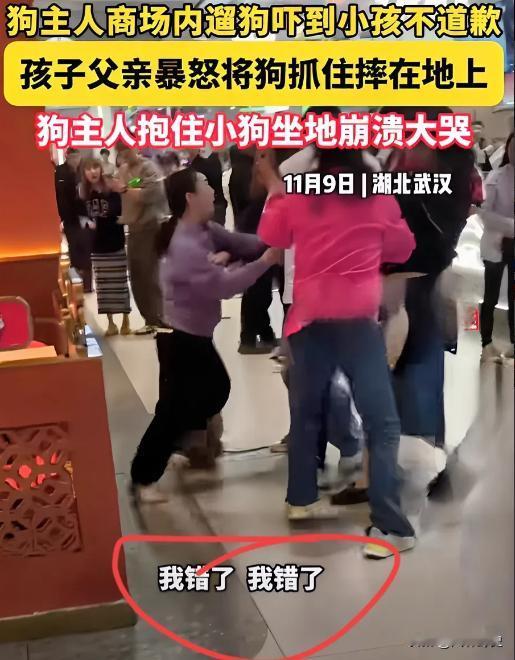 11月9日，一女子在商场内遛未拴的狗吓到小孩，小孩父亲要求道歉，女子可能觉得没什