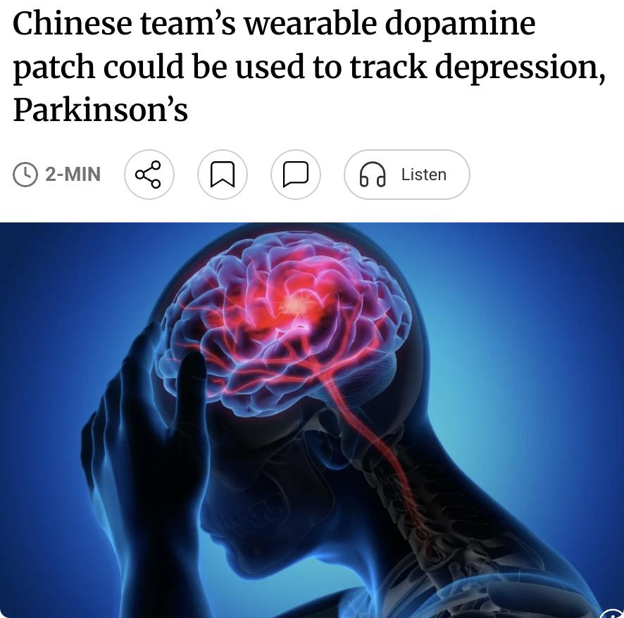 外媒：中国科学院沈阳自动化研究所团队研发出一款可穿戴多巴胺贴片，利用微针无痛采集