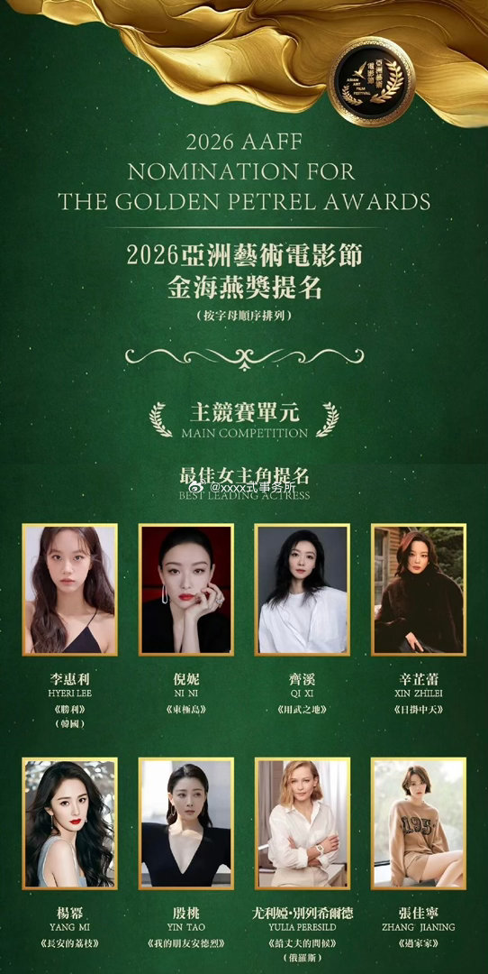 2026亚洲艺术电影节暨「金海燕奖」提名公布恭喜杨幂凭借电影《长安的荔枝》郑玉婷