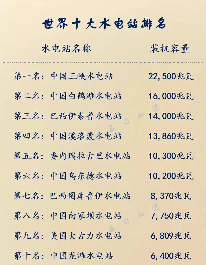 世界十大水电站排名：

第一名🥇：中国三峡水电站
第二名🥈：中国白鹤滩水电站