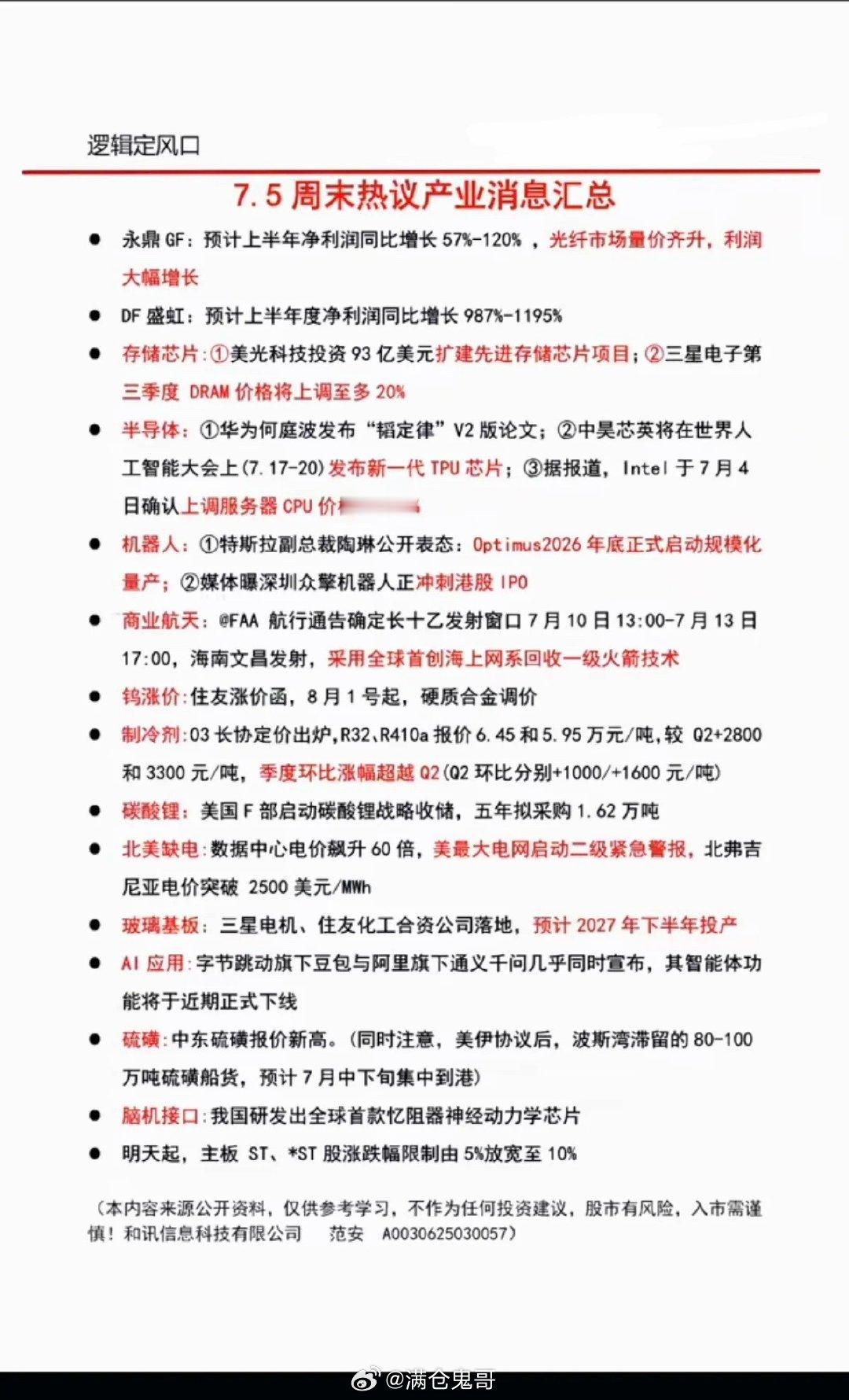 7.05周日晚间｜全网市场热议+重磅财经信息全汇总一、存储芯片、半导体本周全板块