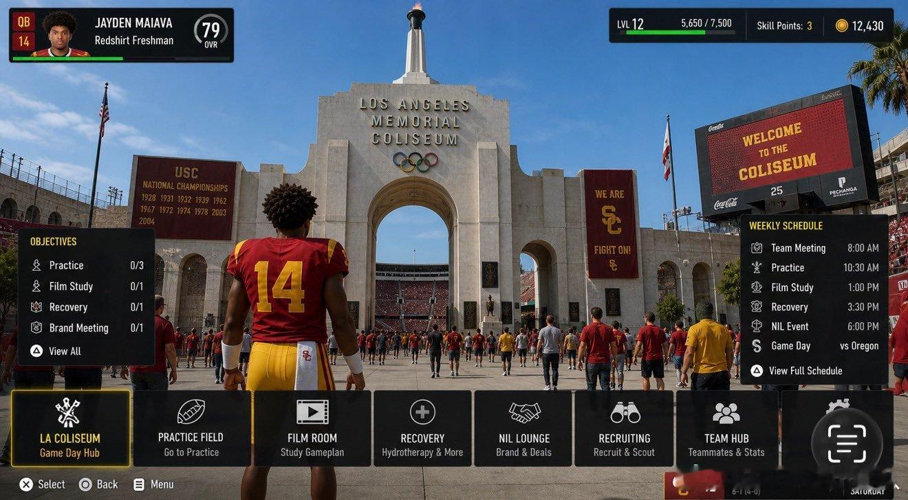 EA Sports大学橄榄球2027版中USC的主场和新更衣室的游戏场景。（图片