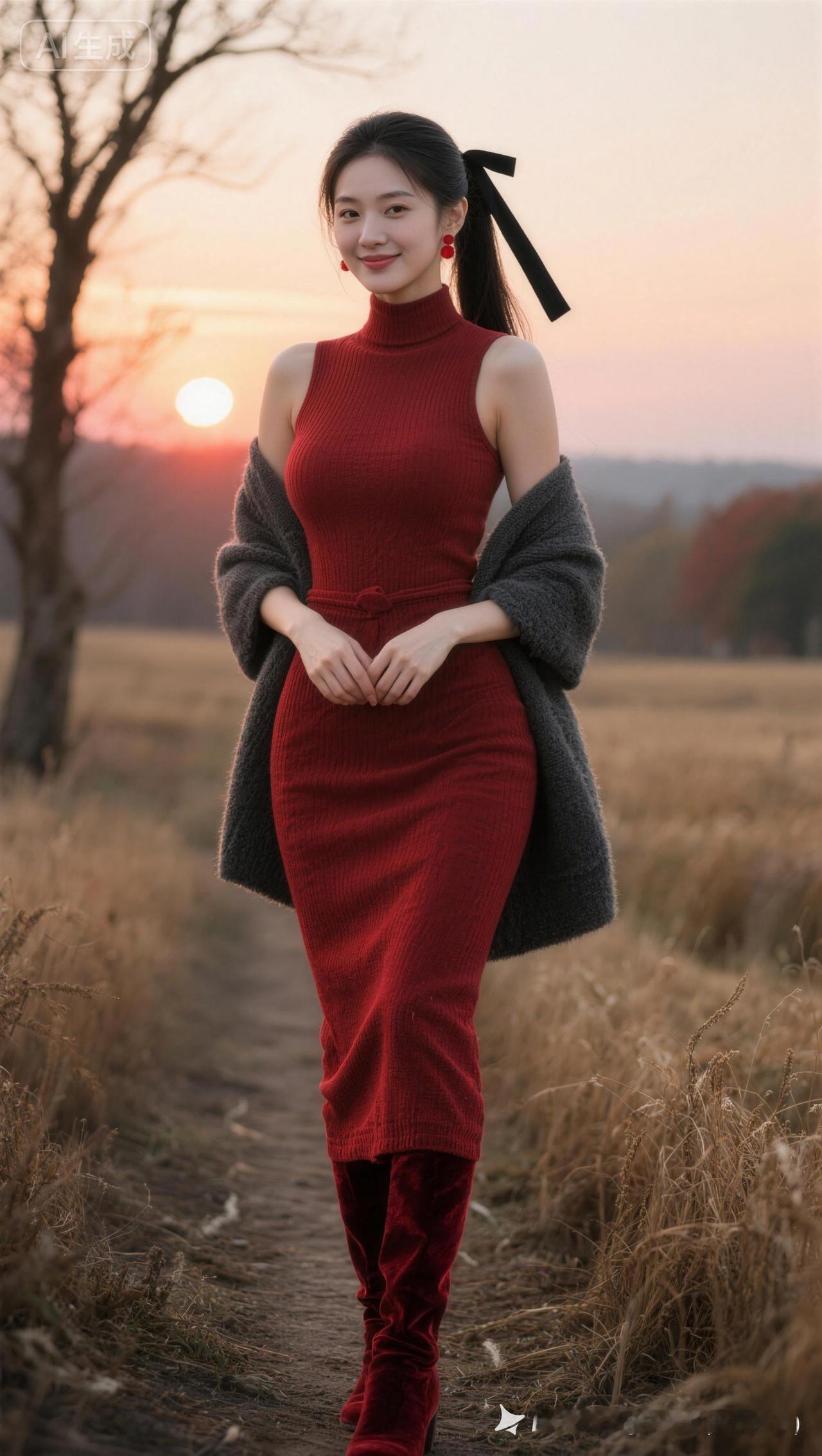 秋日暖阳下，红裙少女漫步田间，美不胜收！🌟🍂