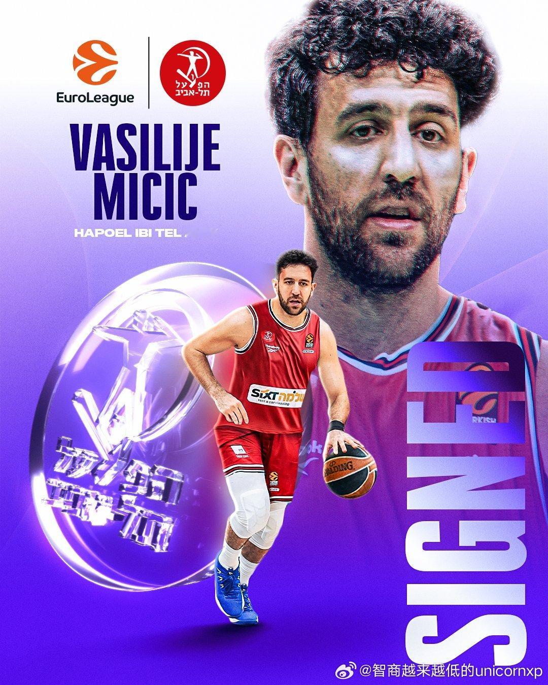 三年1400万欧元，Vasilije Micic重返欧冠，签约Hapoel Te