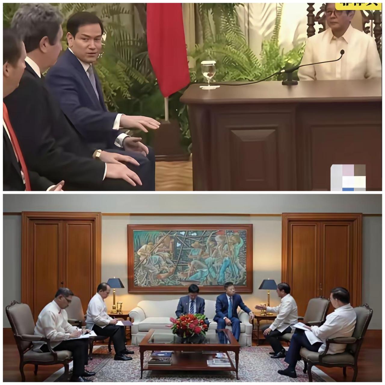 看这两张外交会面的场面，一张是美国国务卿跟菲律宾总统会面，一看就知道是国美人去汇