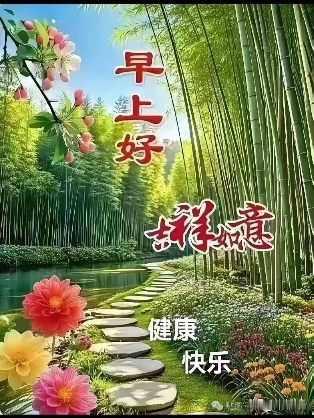 翠竹映清流，花开伴晨光，早上好，吉祥如意🍃
