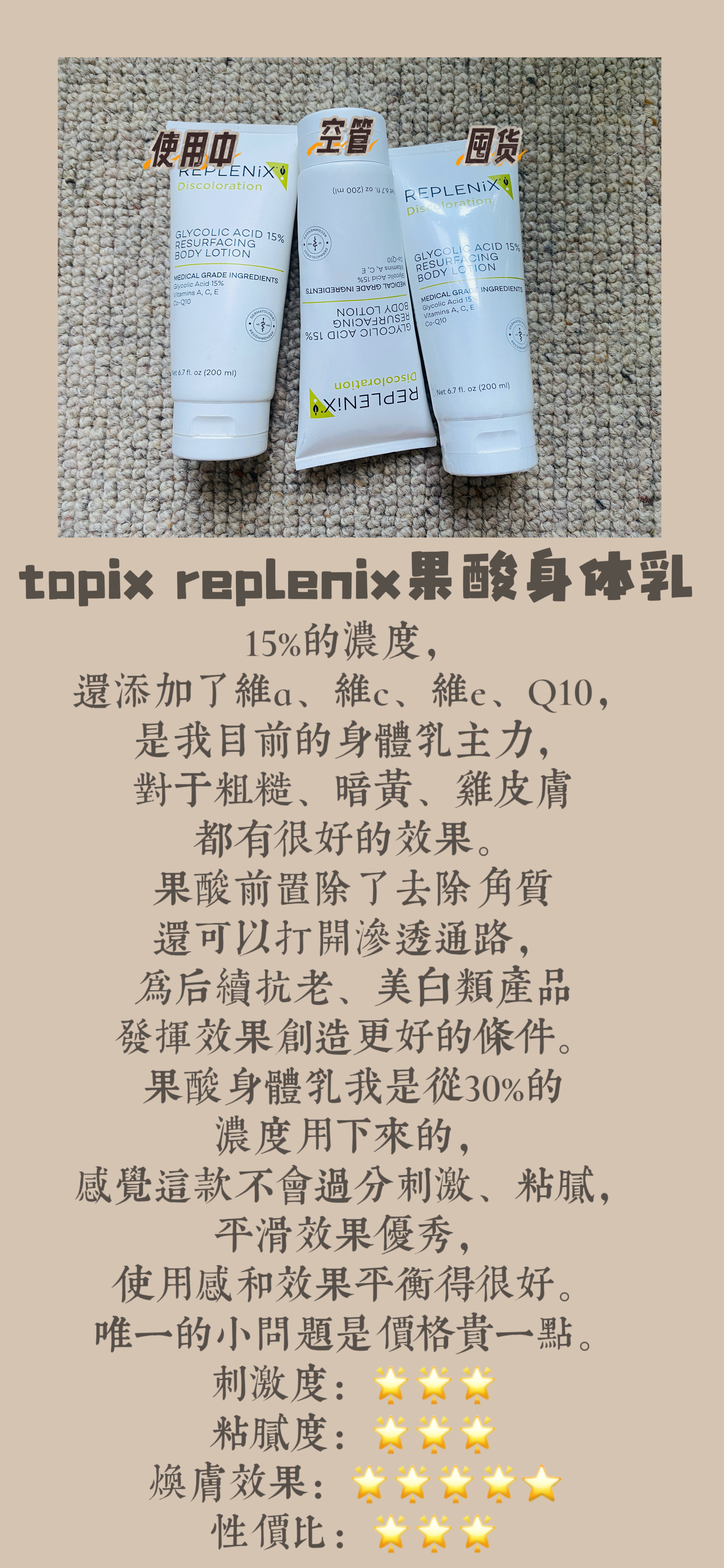 果酸身体乳+美白身体乳+油的身体护理流程，果酸身体乳几个浓度的都意思了一下，还是