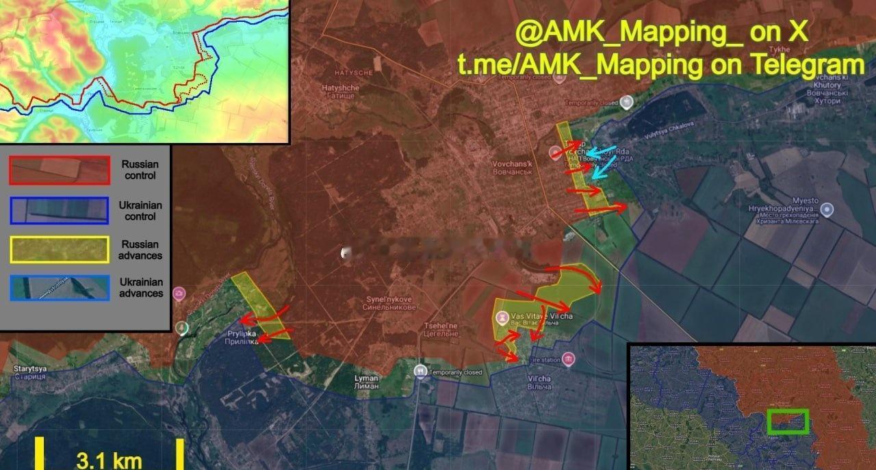 在沃尔昌斯克方向，俄军继续在沃夫尚斯克及其周边地区推进，并在三个不同的区域取得了