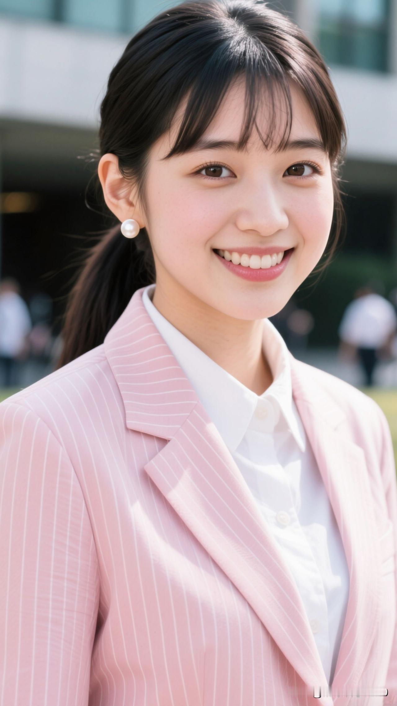 🌸 粉条纹西装裹住春日的甜，珍珠耳坠曳着柔光，笑起来时，连空气都漫着治愈的香。