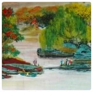 也晴青绿画的意境平淡无奇，中庸美妙旋律优美。秋山诗意图 仿古青绿山水画