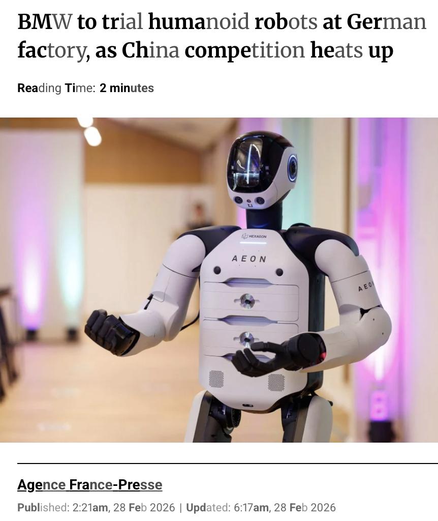 外媒：宝马将在德国工厂试用人形机器人，应对中国竞争

德国汽车巨头宝马宣布，计划