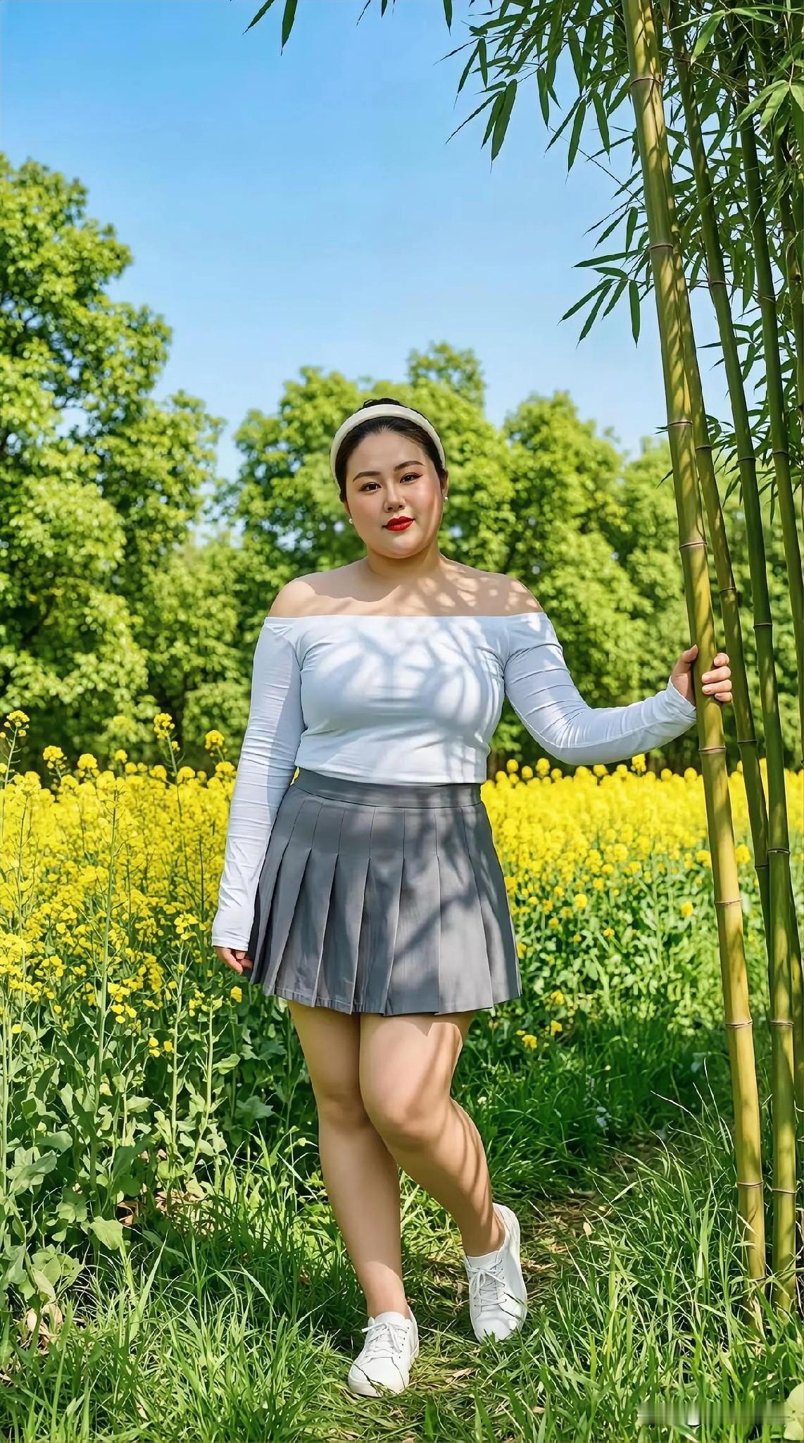夏日清新装扮，竹林间的少女，以黄色花海为背景，悠然自在。户外小清新穿搭 户外少女