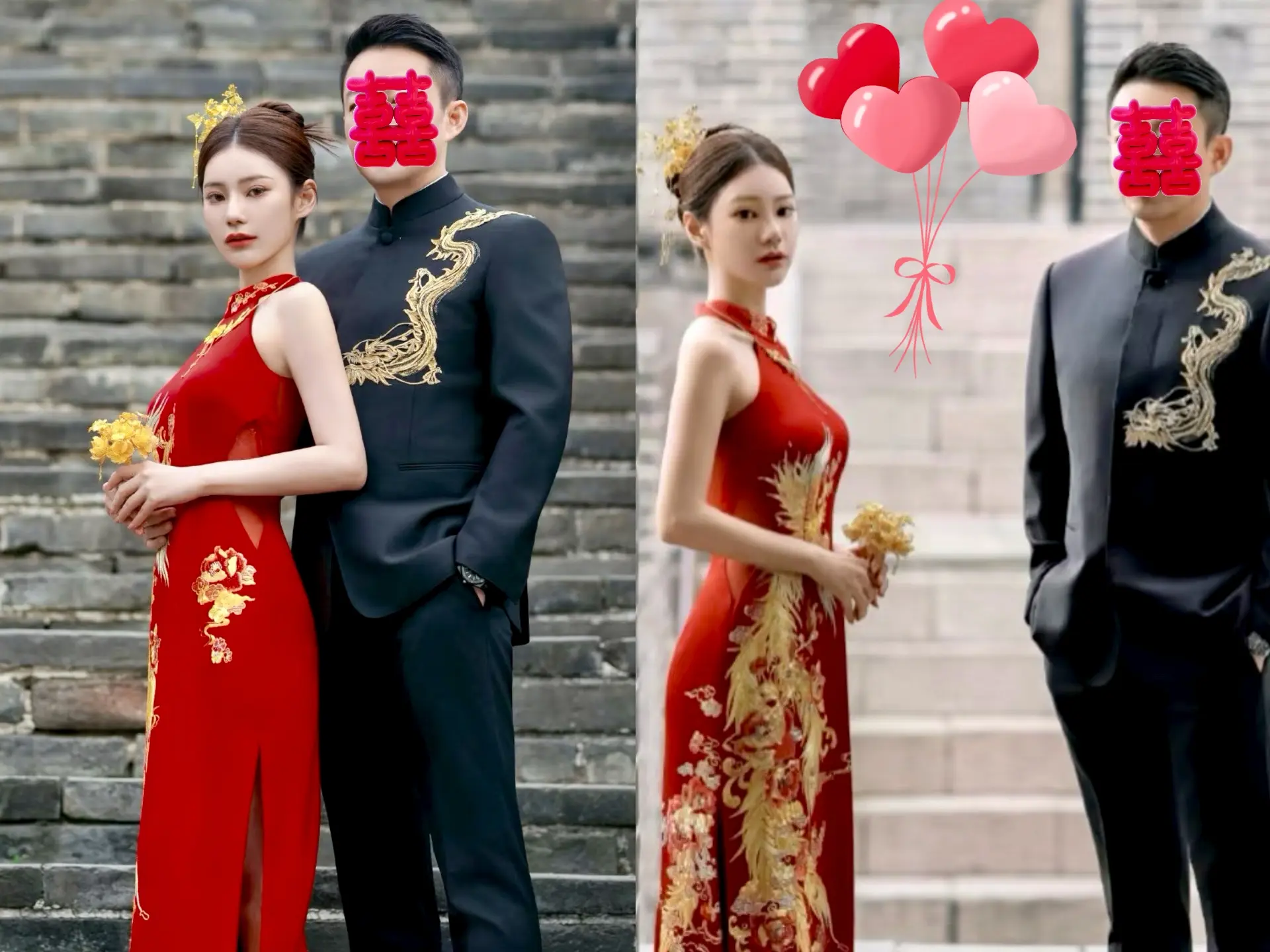 马筱梅两口子结婚照公开。两人穿着中式高定礼服，拍照动作很笔挺，都板板正...