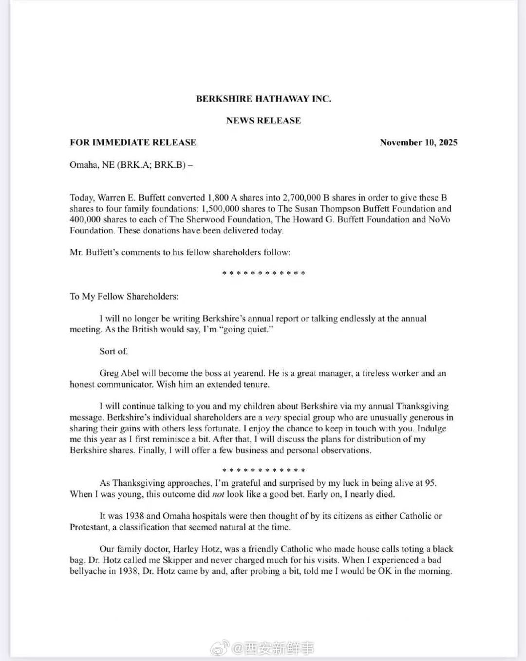 【巴菲特宣布安静辞职】 95岁巴菲特再捐超13亿美元  当地时间周一，伯克希尔·