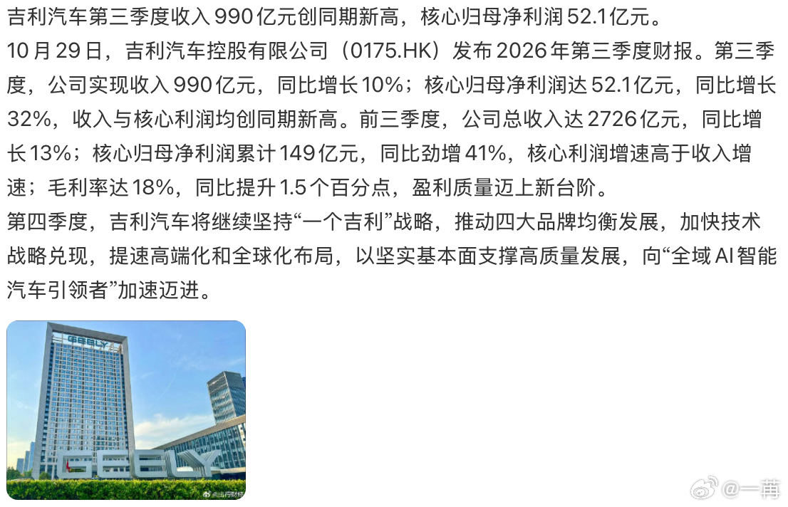 这几年我聊吉利的比例是比较多的，观点也整体比较正面。其实今天这些财报，解释了我的