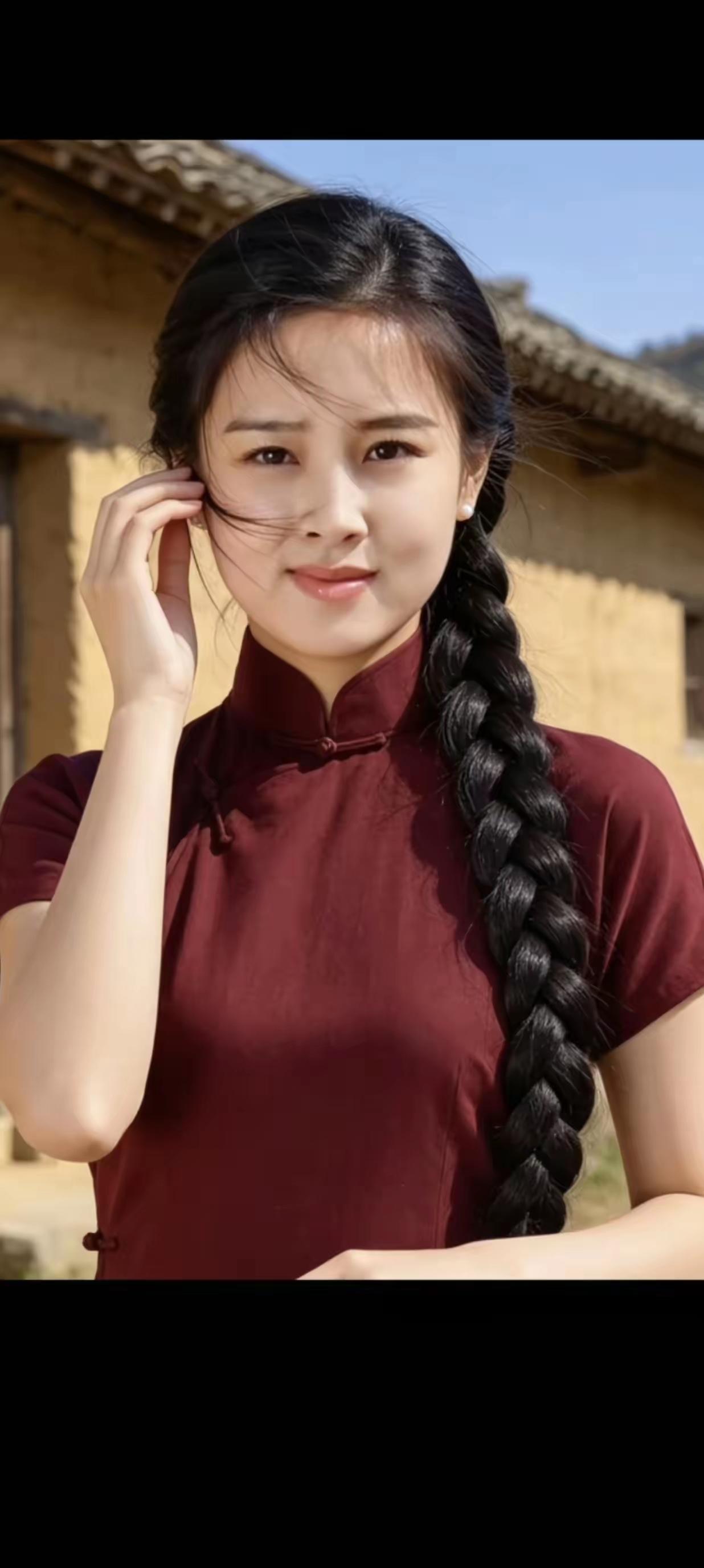 得体红衣裳，
辫子粗又长。
院中凝眸望，
朝霞映脸庞。
肤白貌又美，
一事心中藏