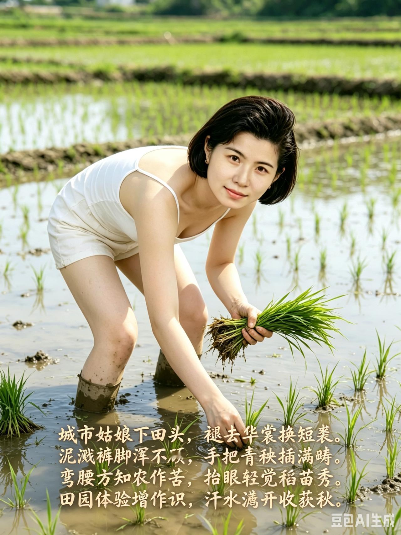 城市姑娘下田体验，感受农作乐趣！田园劳作照 田野劳作随拍