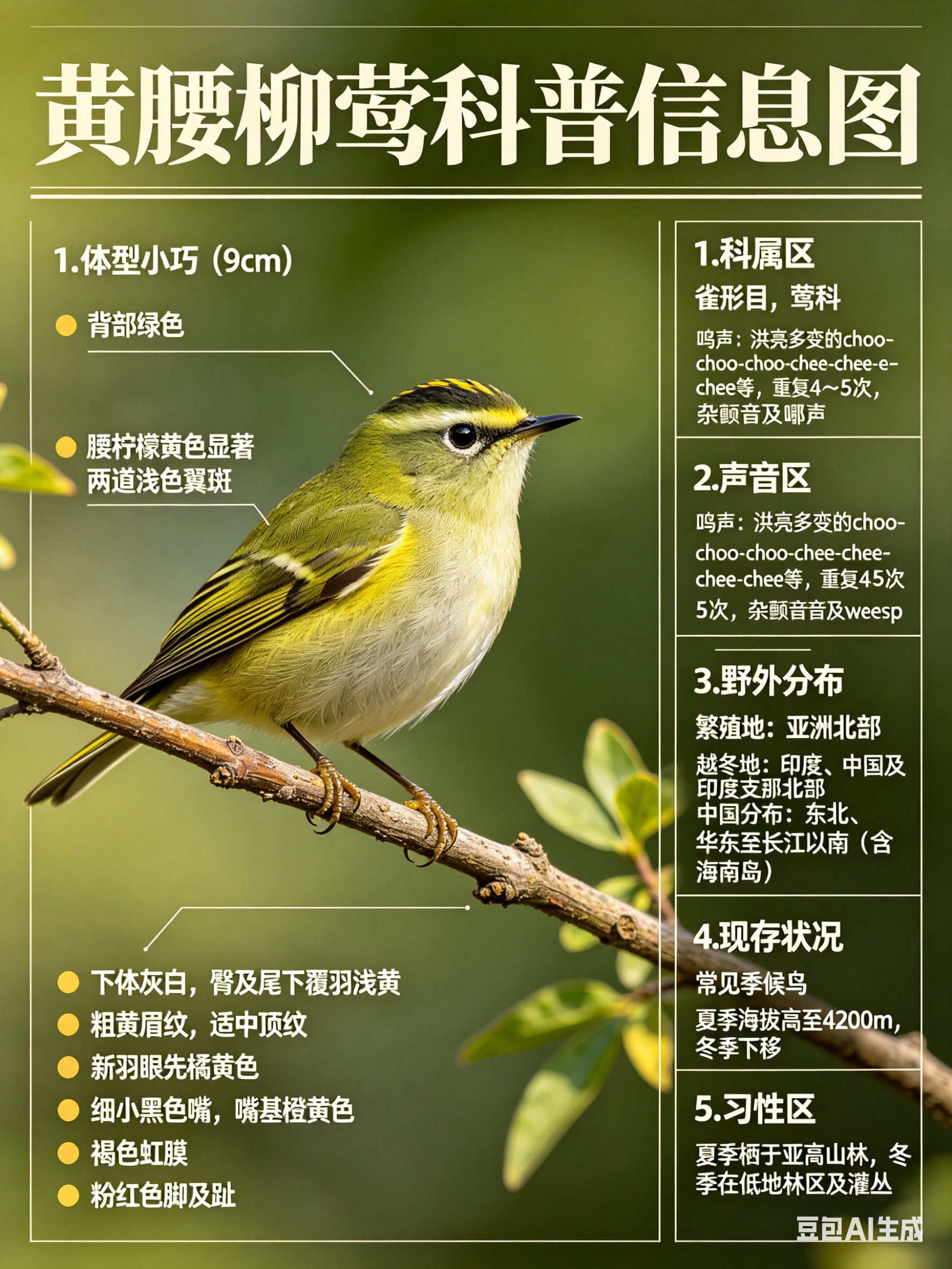 鸟类朋友图鉴 黄腰柳莺·科属：雀形目，莺科。·外形特征：体型小巧（9cm）且背部