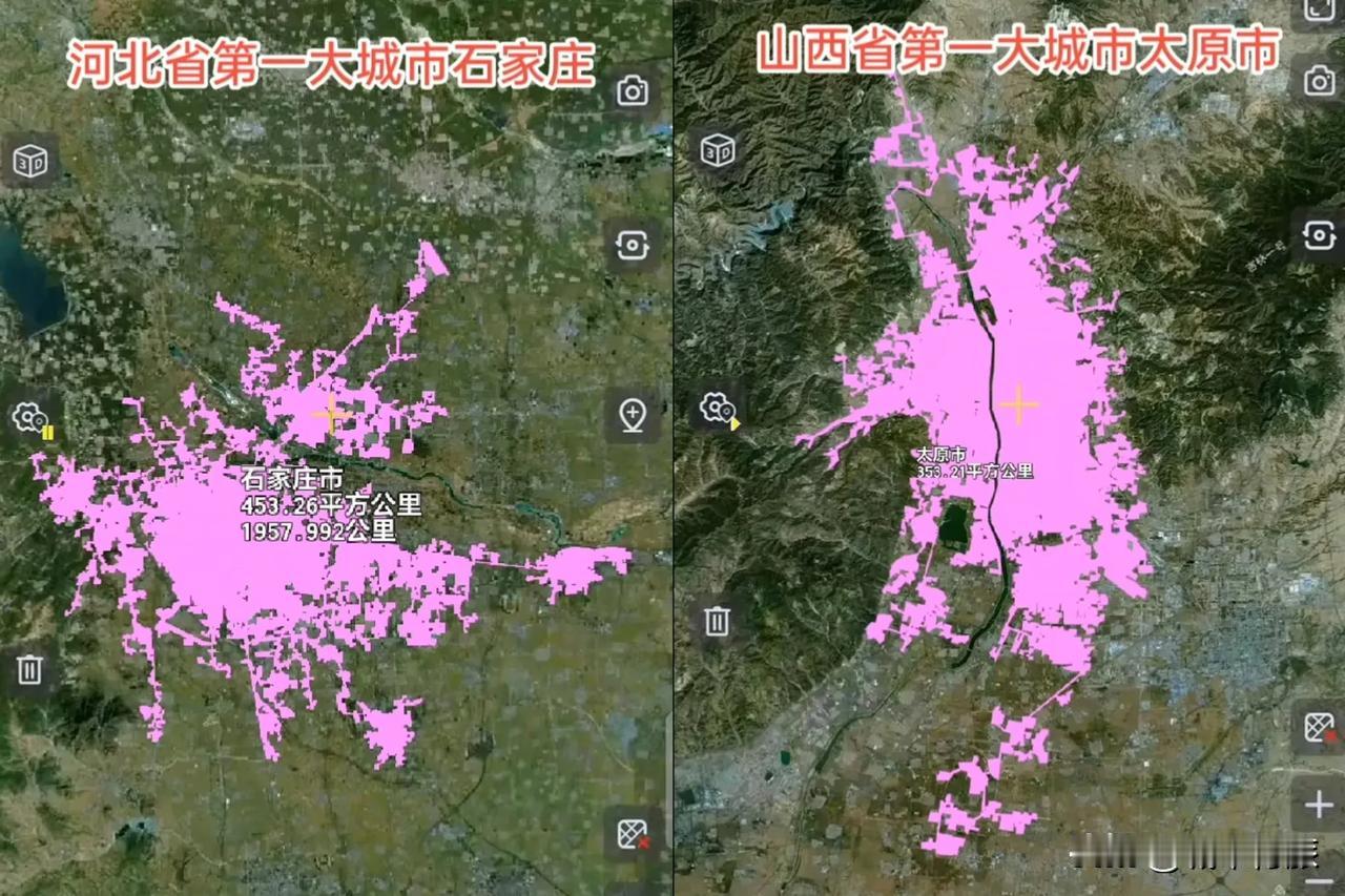 河北省会石家庄和山西省会太原建成区面积对比，差距明显。
根据实测数据，石家庄建成