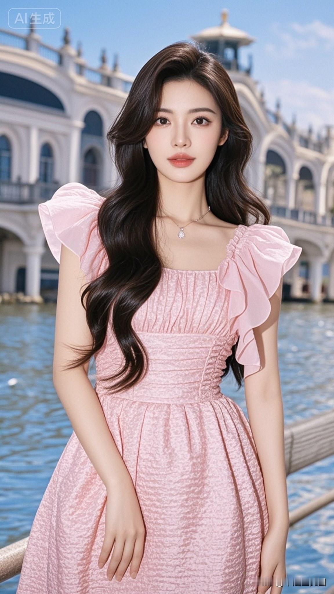 优雅粉裙少女，甜美笑容，梦幻餐厅背景，AI生成美图