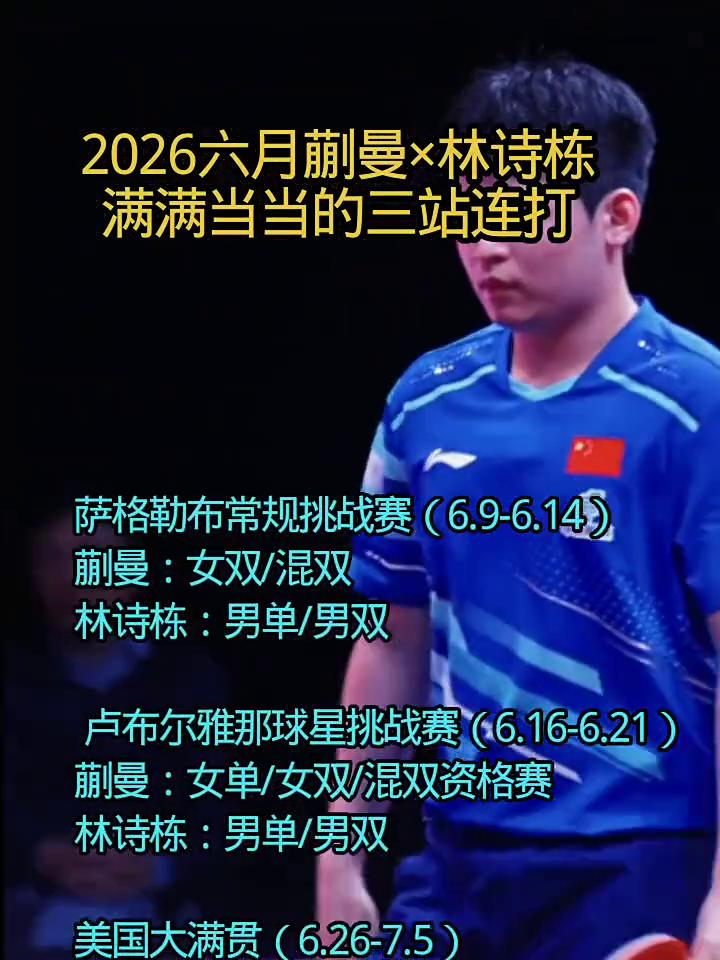 2026六月蒯曼x林诗栋，满满当当的三站连打。
·萨格勒布常规挑战赛(6.9-6
