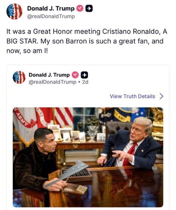 特朗普社媒分享在白宫会见C罗的感受：“能够见到伟大的球星克里斯蒂亚诺·罗纳尔多，