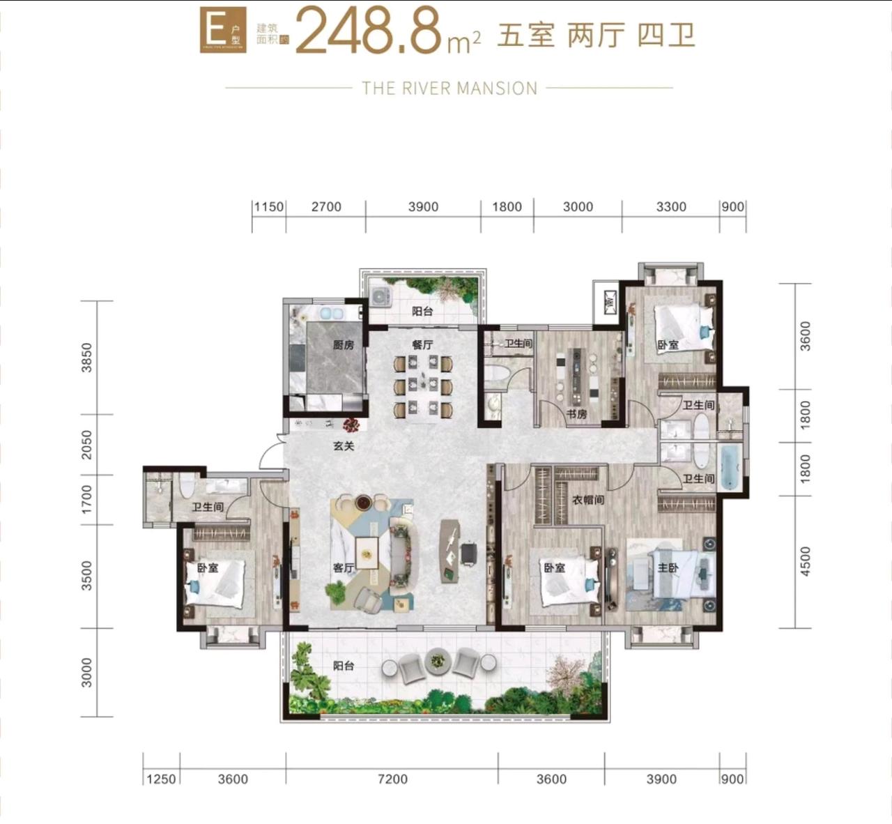 248平米的房子，展现了极致的性价比，五个优雅的房间，还有三个华丽的卫生间，客厅