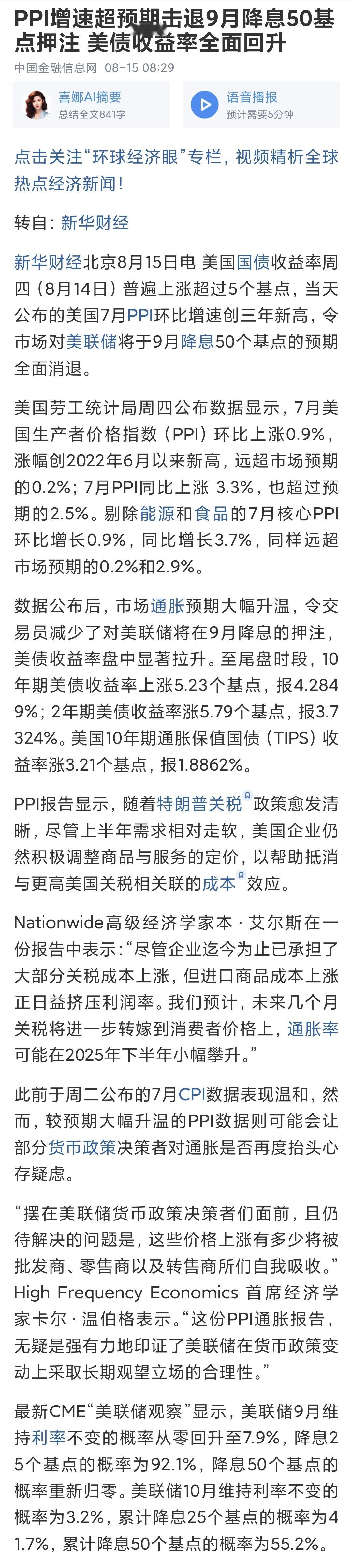 美国7月PPI远超预期，同比增3.3%，降息预期又小了预期+2.5%。核心PPI