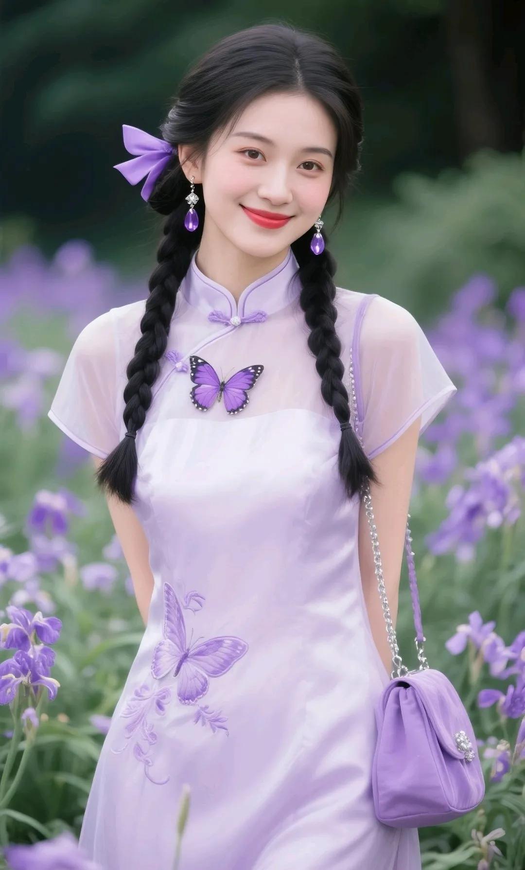这个小姐姐穿着紫色的旗袍，在花丛中微笑。