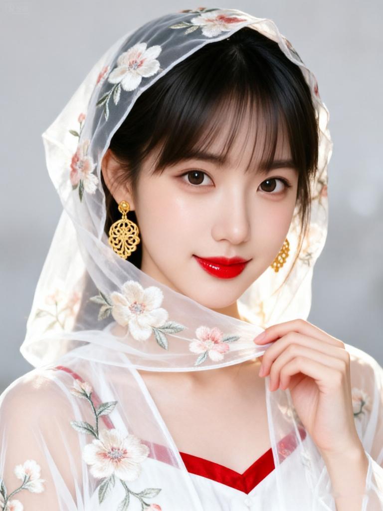 温柔甜美的汉服少女，红唇与金饰相映成趣，尽显古典韵味。