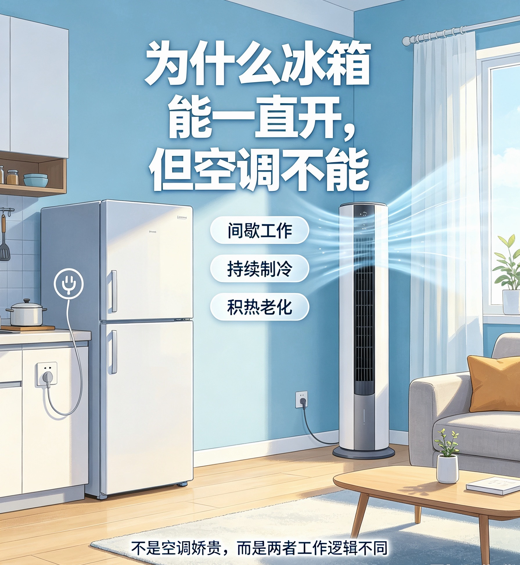 为什么冰箱能一直开但空调不能很多人都有疑惑：冰箱24小时常年通电没问题，空调长时