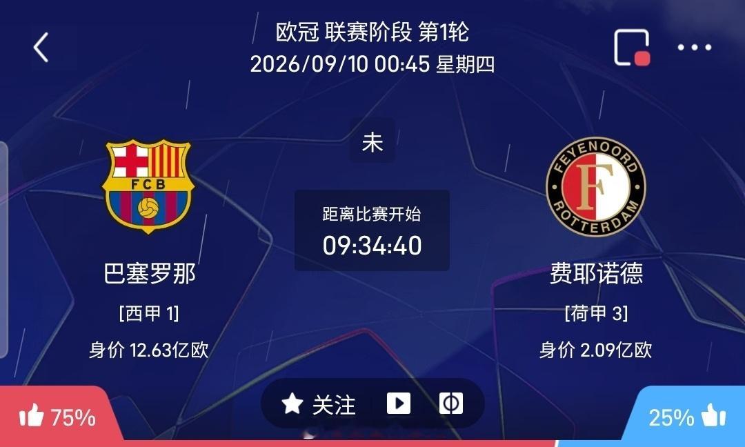 【足球】周三003欧冠方向：巴塞罗那vs费耶诺德欧冠 巴塞罗那 VS 费耶诺德比